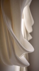 shallow. Flowing arc of white fabric with soft folds against a blurred background. lifestyle magazines, social media lookbooks, designed for influencer and brand collaborations.
