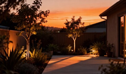 木製フェンスと花々が彩る素朴な午後の裏庭ガーデン写真