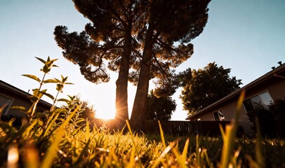 夕焼け空を背景に樹木をローアングルで描いたシネマティックな裏庭写真