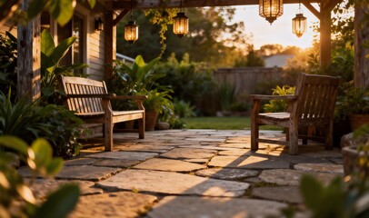 植物に囲まれたパティオをローアングルで捉えた夕暮れの温もりある裏庭写真