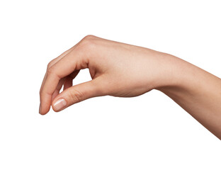 Human hand pinching or picking gesture with fingers slightly curled downward, isolated on a clean light gray background, offering copy space for minimal, studio or commercial use