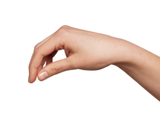 Human hand pinching or picking gesture with fingers slightly curled downward, isolated on a clean light gray background, offering copy space for minimal, studio or commercial use