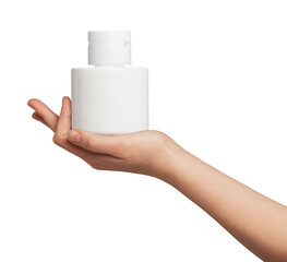 Woman's hand presenting a blank white bottle, ideal for showcasing beauty, health, and personal care products with ample copy space and a clean, minimalist design for branding