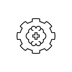 Gear outline featuring a brain and cross inside, symbolizing innovation and creativity. Suitable for health, technology, and medical designs.