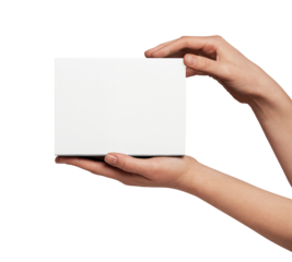 Person's hands holding up a plain white square object, creating empty copy space for displaying a custom message, product, or design against a neutral background