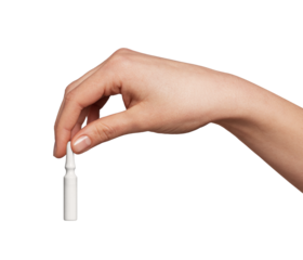Woman's hand holding a single white ampoule, presenting a glass vial containing liquid medicine or a cosmetic serum for health and beauty applications