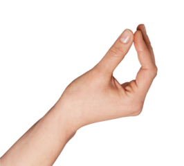 Female hand with index finger and thumb touching, representing the concept of precision, grasping, picking up, holding, or measuring a small object, isolated on a clean background