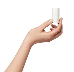 Female hand holding a minimalist white cylindrical cosmetic stick against a neutral studio background, clean unbranded packaging for skincare, deodorant, or balm mock-up and display