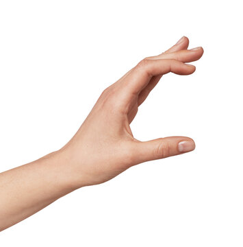 Human hand with fingers and thumb positioned as if measuring or indicating a small object or quantity, providing ample negative space for text or other elements