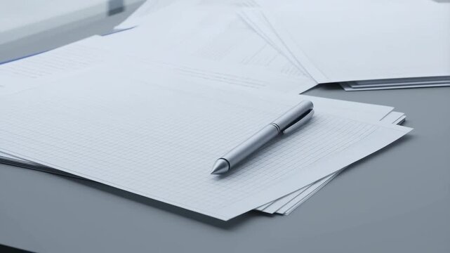 Close-up view of a modern silver pen resting on a stack of blank lined paper on a gray desk surface.