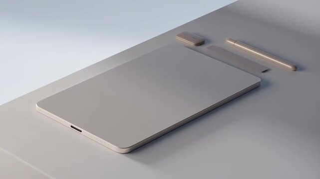 Minimalist setup: digital tablet, stylus, eraser on a clean surface. Ideal for design and technology.