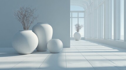 Contemporary minimalist interior design with white vases and natural light