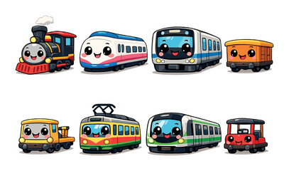 Cute cartoon trains with happy faces in various styles and colors