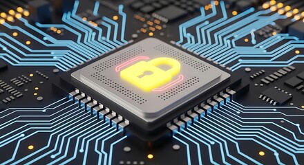 Secure microchip with lock icon on circuit board