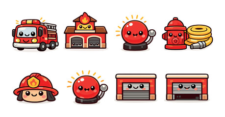 Cute cartoon fire station icons collection with smiling faces