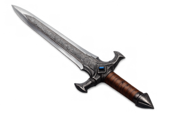 Ornate fantasy dagger with medieval styling, featuring a patterned blade, gem-adorned hilt, and leather grip