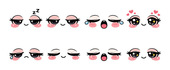 Cute kawaii cartoon eyes with various expressions on blurred background