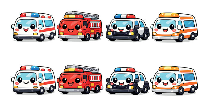 Cute cartoon emergency vehicles collection with smiling faces