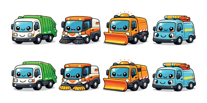 Cute cartoon service trucks: garbage, street sweeper, snow plow, ambulance vehicles