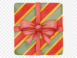 Watercolor wrapped gift box with red ribbon Christmas Vector.