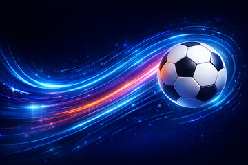 Naklejka premium Futuristic Soccer Ball with Neon Light Trails on Dark Background
