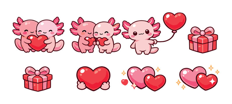 Cute cartoon axolotls with heart balloons and gift boxes