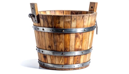 Rustic Wooden Bucket with Metal Bands and Handles.