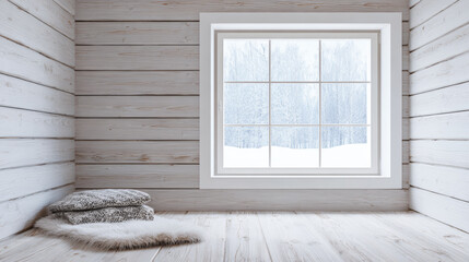 Snow covers the ground outside a window in a room with wooden walls and a soft blanket on the floor