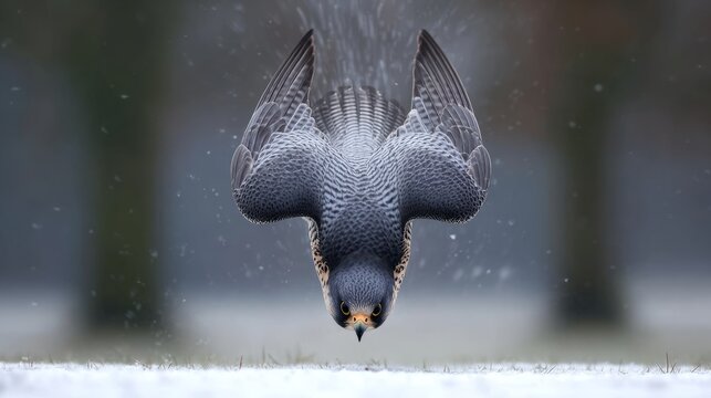 tucked. Peregrine falcon in a steep dive over a snowy field with motion blur in background. wildlife magazines, conservation campaigns, designed for wildlife conservation campaigns.
