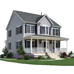 Gray siding house with white porch and purple shutters home residential, Isolated On White, Png Transparent, Cut Out