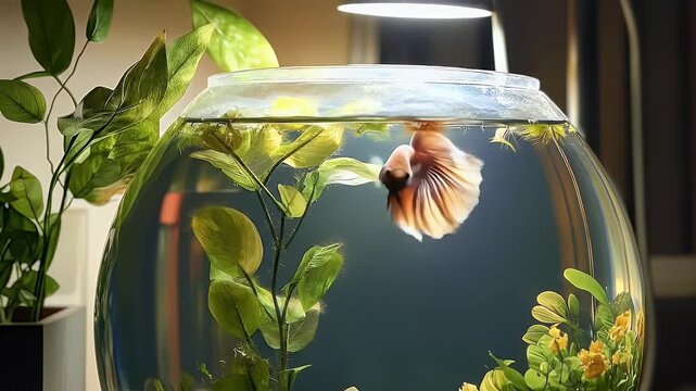 A fishbowl with plants and a reddish, tan-finned Betta fish inside