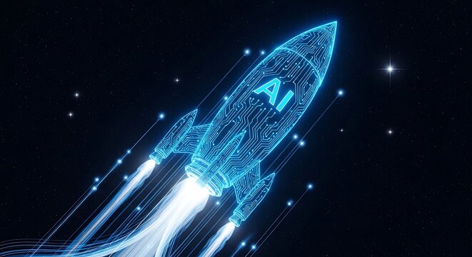 Artificial intelligence rocket blasting off into space