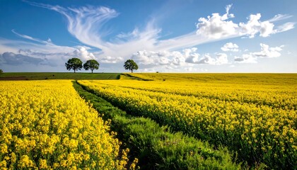 Vast Yellow Canola Field Under a Dramatic Sky with Trees.