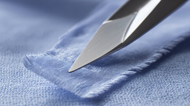 scalpel. Surgical scalpel making precise cut on sterile blue fabric. safety posters, maintenance manuals, designed for industrial assembly lines and welding operations.
