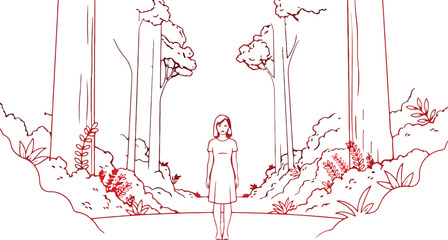 Woman standing in forest line art illustration female character alone in woods nature path vector scene simple outline sketch