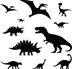 Prehistoric Dinosaur Silhouette Vector Collection, Featuring T-Rex, Triceratops, Stegosaurus, Pterodactyl, and Long-Necked Species for Kids' Educational Designs © Ponkaj Creatives