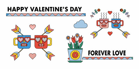 Happy valentine s day illustration with hearts flowers and steaming mugs of love