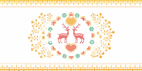 Festive reindeer and floral wreath design on a white and orange background