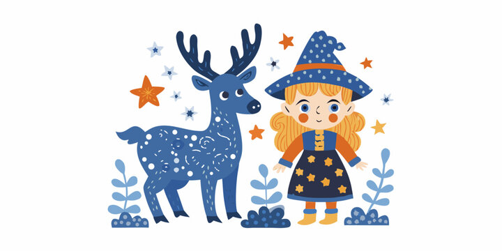 A whimsical illustration of a young witch and a spotted blue deer