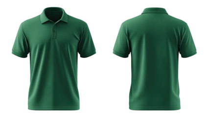 Green polo shirt, front and back views. Apparel mockup