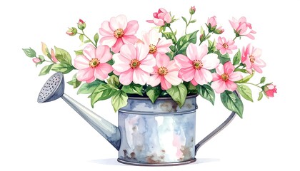 Watercolor Painting of Pink Flowers in a Watering Can.