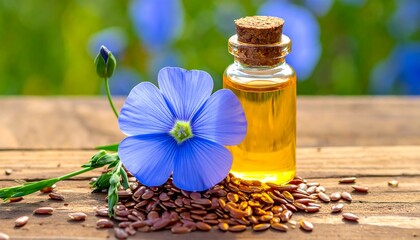 Flaxseed Oil Bottle with Blue Flax Flower and Seeds on Wooden Surface.