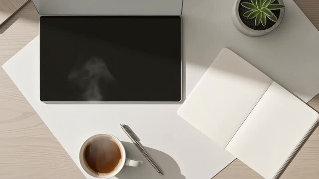 A clean and organized top-down view of a modern workspace with a laptop, hot coffee, and open notebook ready for work or study.