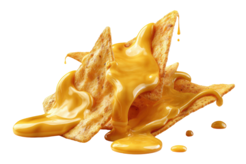 Cheese sauce drips over pile of golden tortilla chips