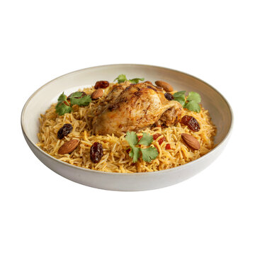 Chicken Mandi Rice Dish with Almonds and Raisins on a Transparent Background