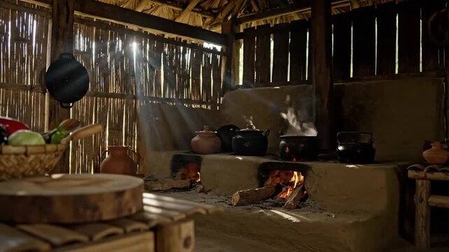 Traditional cooking setup in a rustic village kitchen with a fire burning under a pot surrounded by wooden structures and cooking utensils