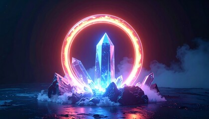 Fototapeta premium Glowing crystal formation with neon ring against dark moody backdrop
