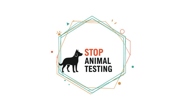 Advocacy graphic featuring a black dog silhouette and bold text within geometric frames calling to stop animal testing.