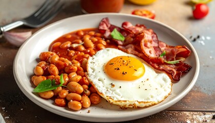 A Delicious Full English Breakfast with Fried Egg and Bacon.