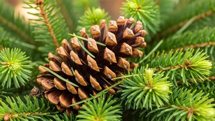 Fototapeta premium Rustic Aesthetic Pinecone and Evergreen Branches Close-Up Macro Detail